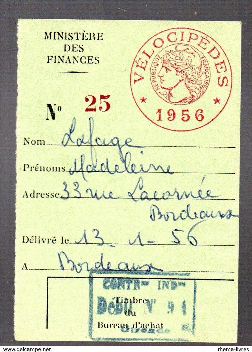 Bordeaux (33 Gironde) IMPOT SUR LES VELOCIPEDES 1956  (PPP29937) - Altri & Non Classificati