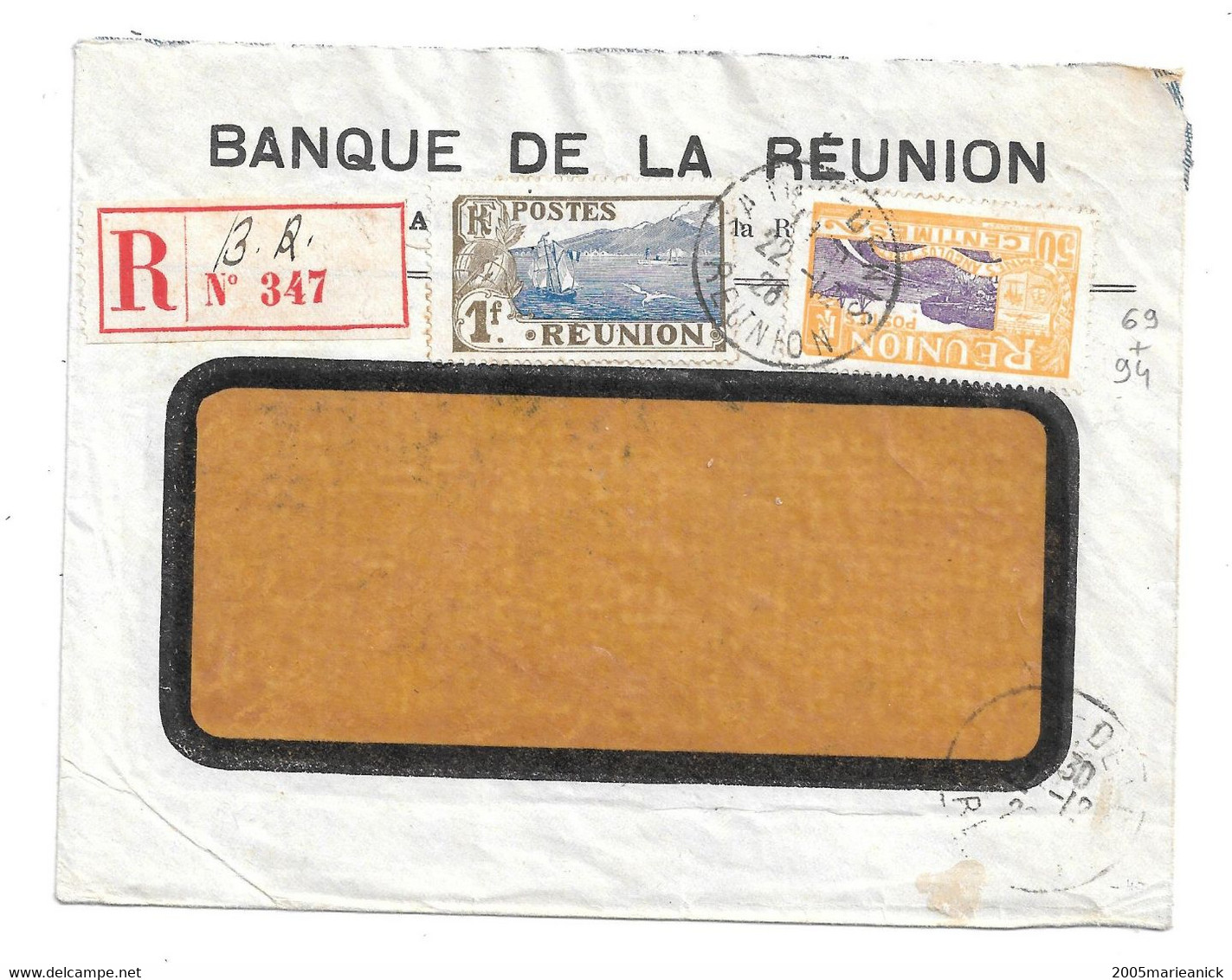 REUNION Env. Rec. SAINT-DENIS 22 -12 - 26 Affr. N°69+94 Pour Paris Au Verso LA REUNION A MARSEILLE N°3 + Arrivée 28-1-27 - Briefe U. Dokumente