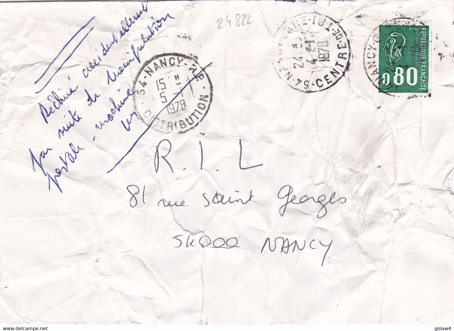 24822# LETTRE Obl NANCY GARE MEURTHE MOSELLE 1978 DECHIREE ACCIDENTELLEMENT PAR SUITE DE MANIPULATION POSTALE MACHINE - Lettres Accidentées