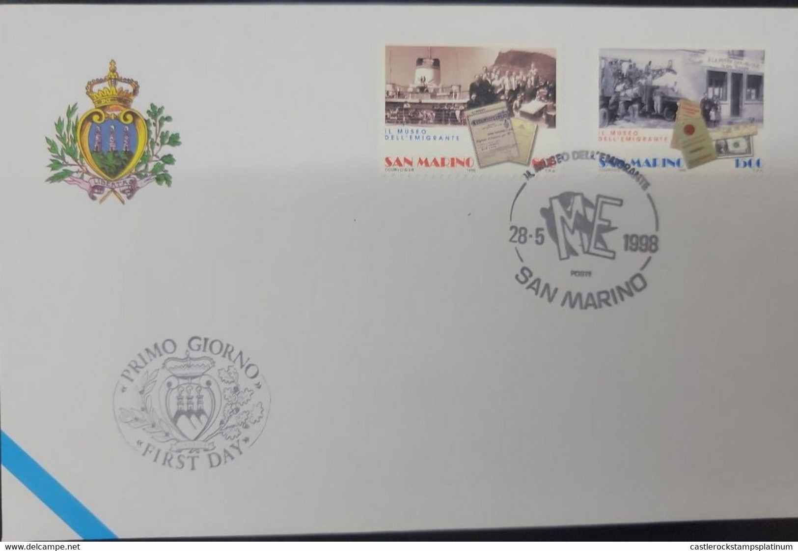 A) 1998, SAN MARINO, THE MUSEUM OF EMIGRATION, FDC, EMIGRANTES DEPARTING AND WORKING, XF - Lettres & Documents