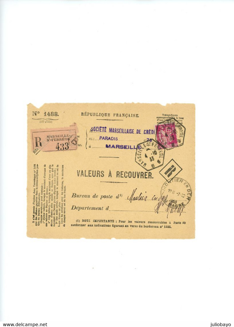 4 Octobre 1933 Perfin SM Société Marseillaise De Credit , Montier En Der , Cachet Octogonal Marseille à St Ferreol - 1921-1960: Moderne