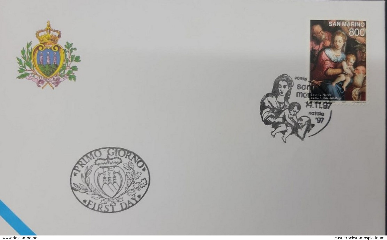 A) 1997, SAN MARINO, CHRISTMAS, FDC, WORSHIP OF THE MAGICIANS BY VASARI, XF - Lettres & Documents