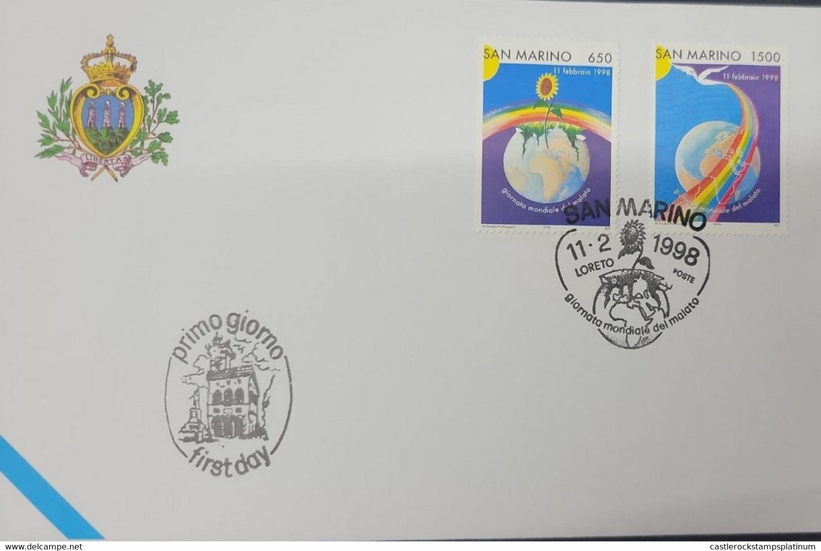 A) 1998, SAN MARINO, WORLD SICK DAY, FDC, RAINBOW FLOWER AND PLANET, RAINBOW BIRD AND PLANET, XF - Lettres & Documents