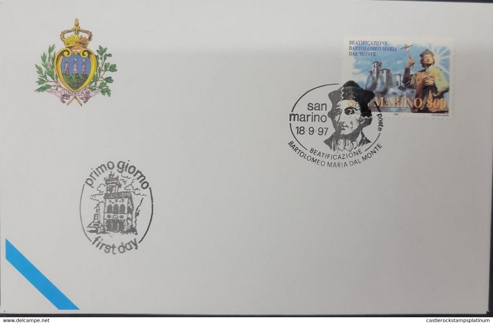 A) 1997, SAN MARINO, BEATIFICATION OF BARTOLOMEO MARIA DEL MONTE, FDC, SANTIDAD, CASTILLO, MEMORIAL, XF - Brieven En Documenten