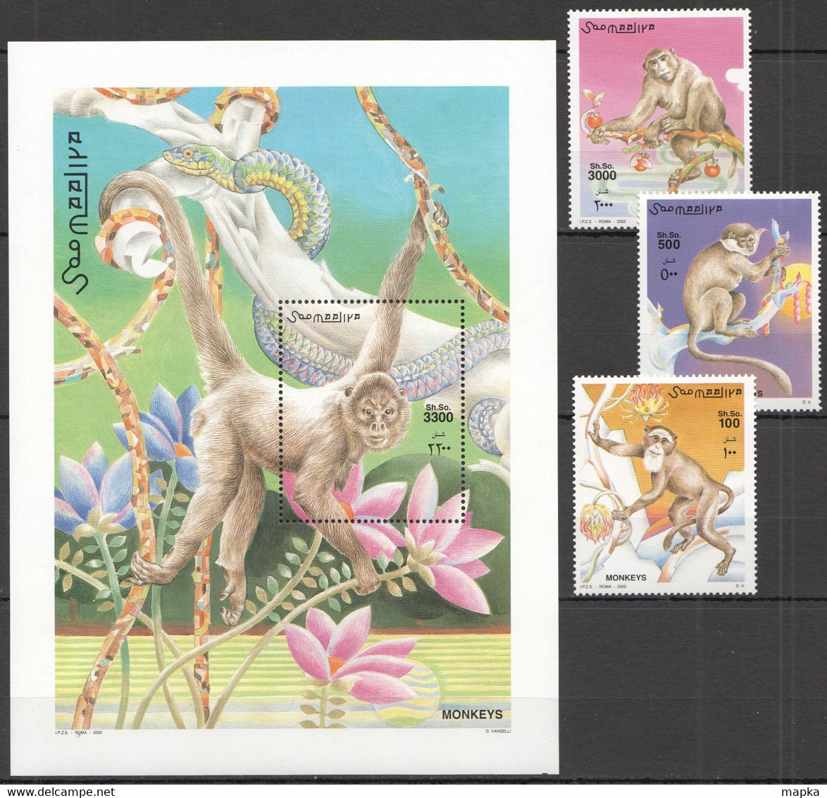 NW0418 2002 SOMALIA SOOMAALIYA MONKEYS ANIMALS FAUNA #942-944+BL90 MICHEL 29 EURO MNH - Apen