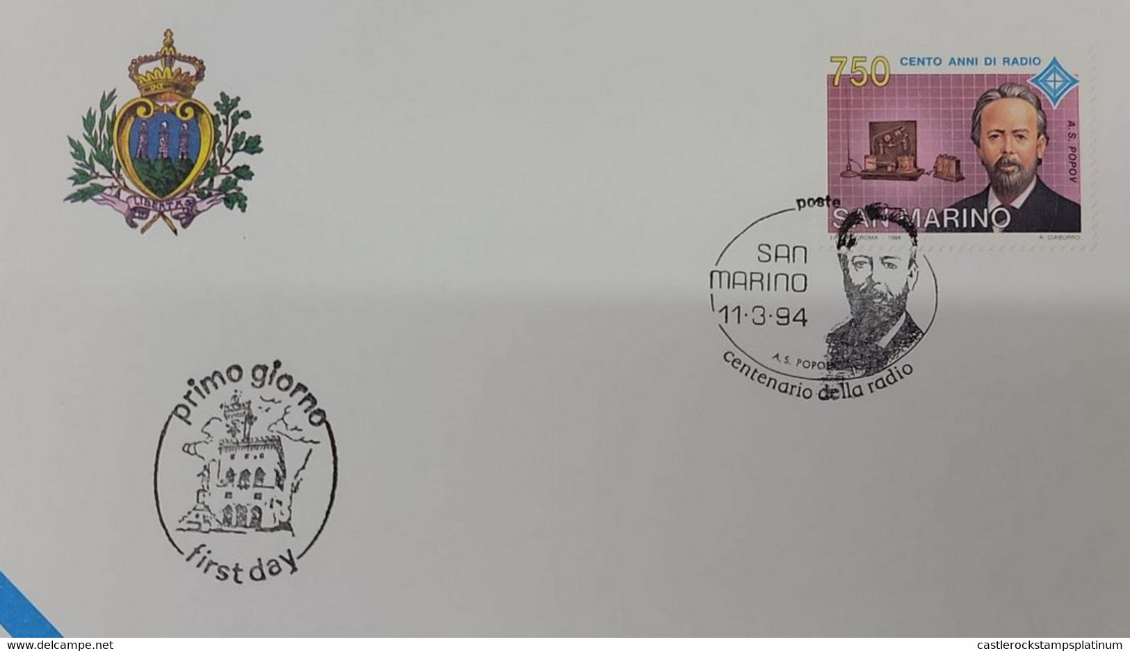 A) 1994, SAN MARINO, LA RADIO, FDC, CENTENARIO, ALEXANDER POPOV – PHYSICAL, XF - Cartas & Documentos