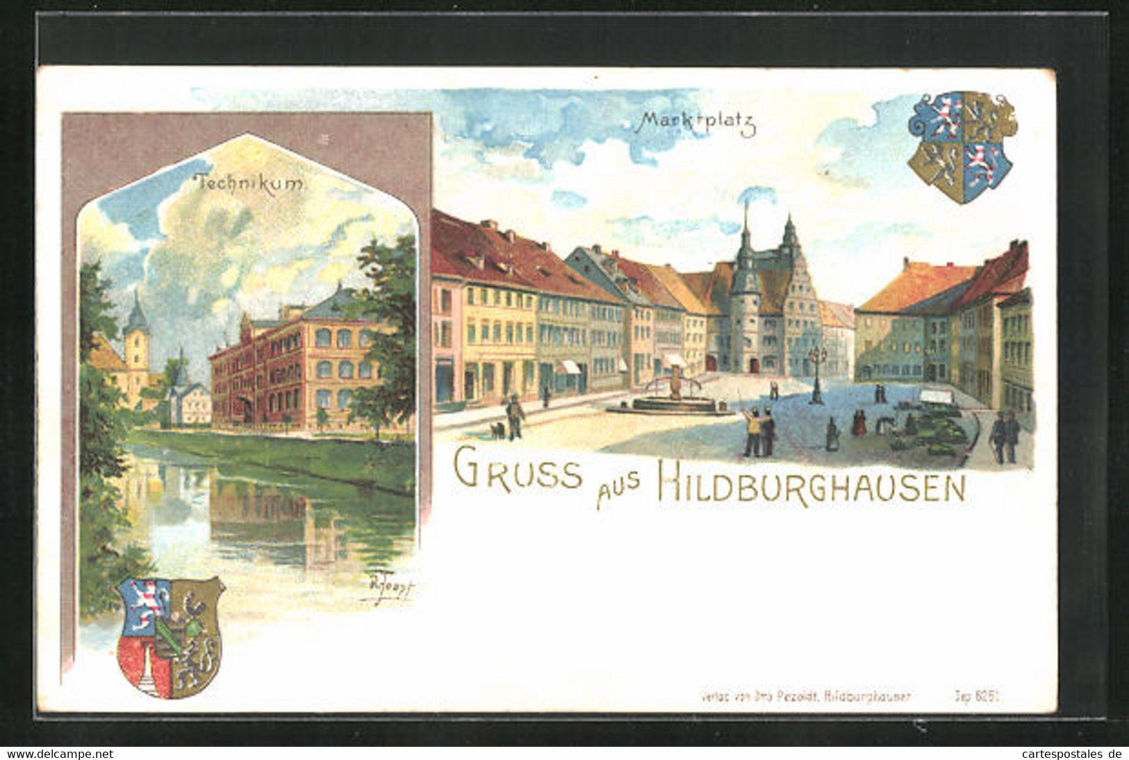 Lithographie Hildburghausen, Marktplatz, Technikum, Wappen - Hildburghausen