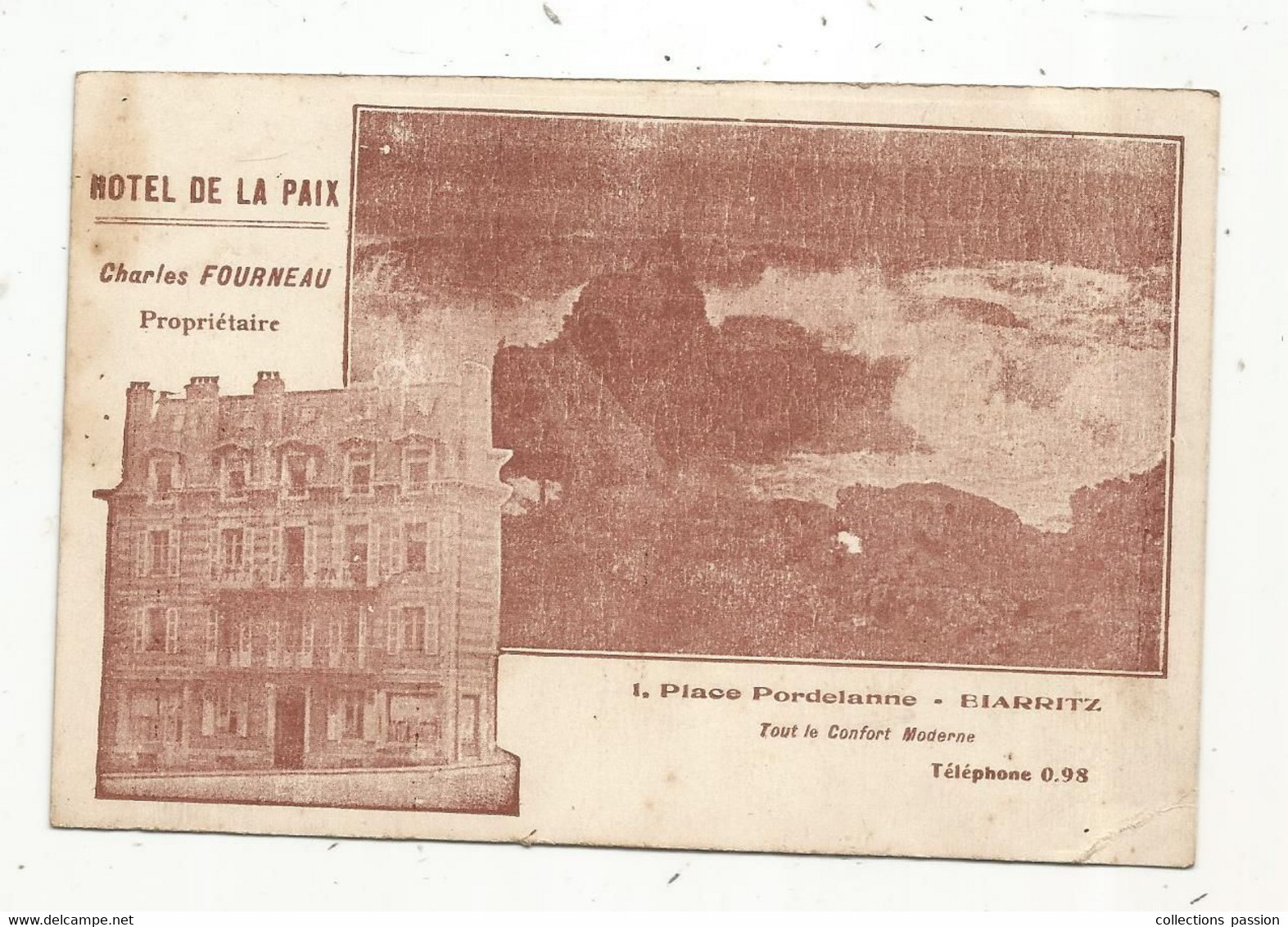 JCR , Cp,  Hôtel De La PAIX , Charles FOURNEAU Propriétaire, Biarritz ,64 ,vierge - Hotels & Gaststätten