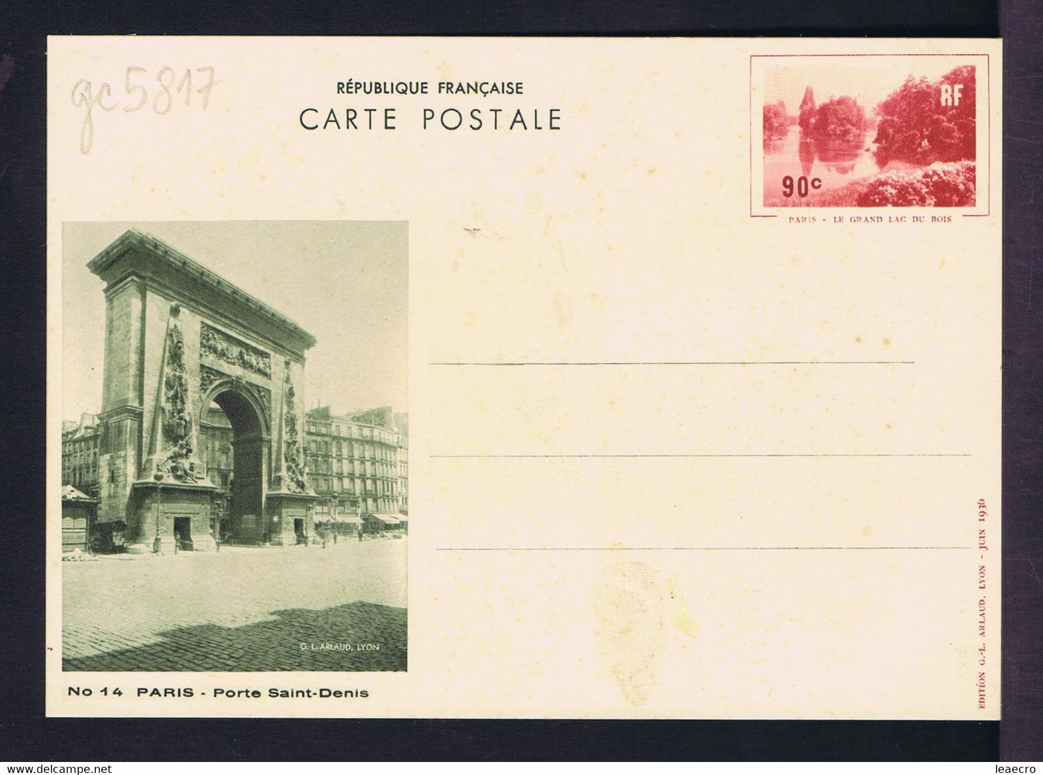 Gc5817 FRANCE Postal Stationery Paris- LE GRAND LAC DU BOIS Tourisme "Porte Saint-Denis" Architecture Sculptures Mint - Altri & Non Classificati