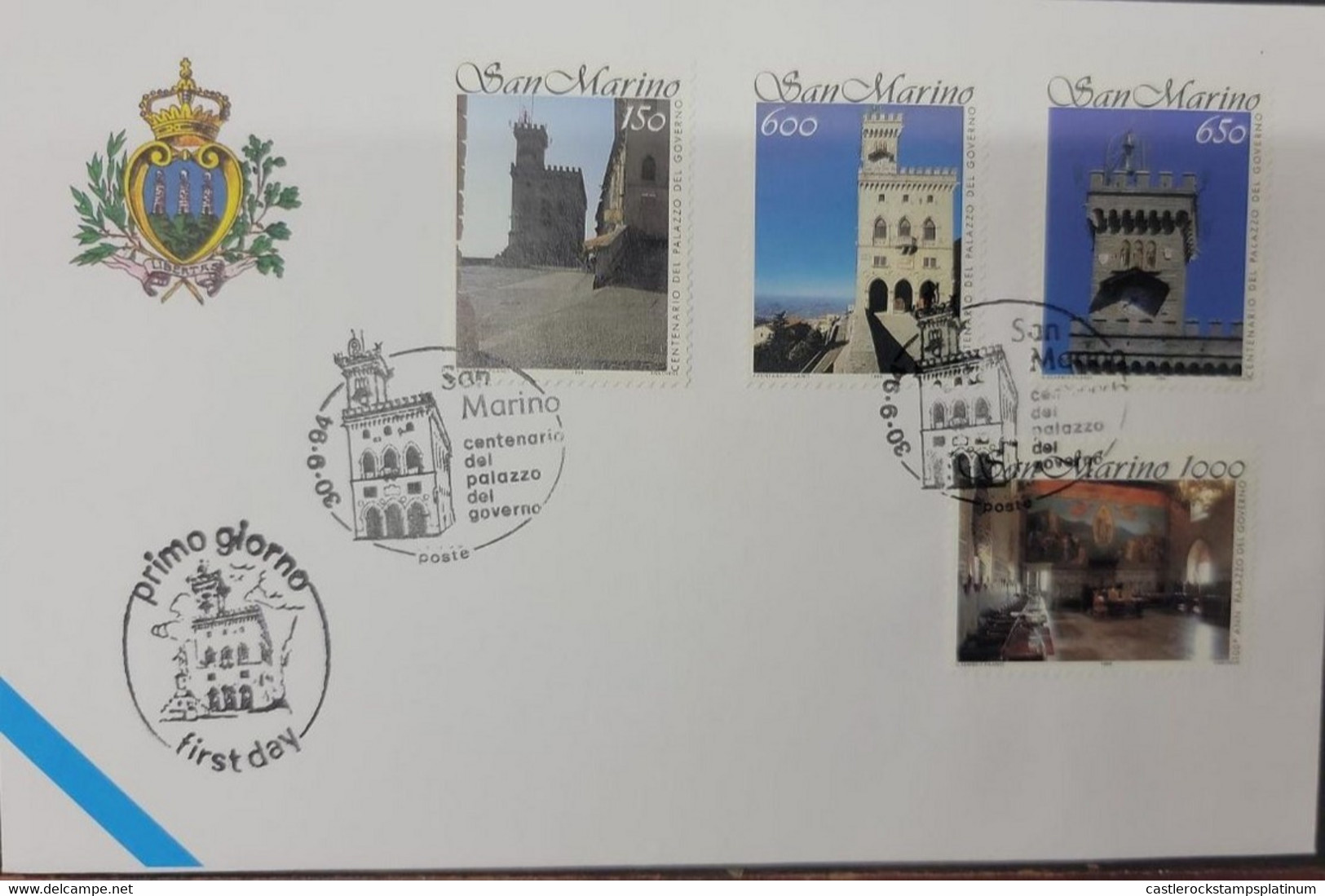 A) 1994, SAN MARINO, CASTLES, FDC, CENTENARY OF THE PALACE OF THE GOVERNMENT, XF - Brieven En Documenten