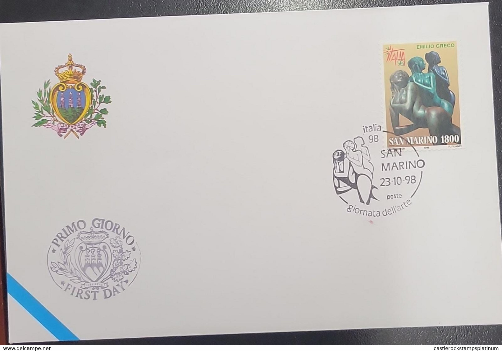 A) 1998, SAN MARINO, INTERNATIONAL PHILATELIC EXHIBITION ITALY 98 MILAN, FDC, SCULPTURE BY EMILIO GRECO, XF - Lettres & Documents