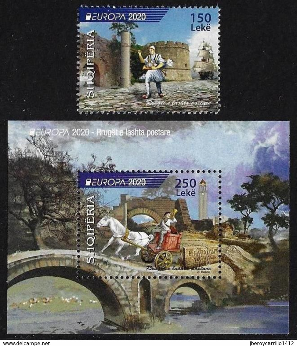 ALBANIA /ALBANIEN /ALBANIE - EUROPA 2020-"ANTIGUAS RUTAS POSTALES -ANCIENT POSTAL ROUTES"- SERIE -N -Tipo A + BLOCK - 2020