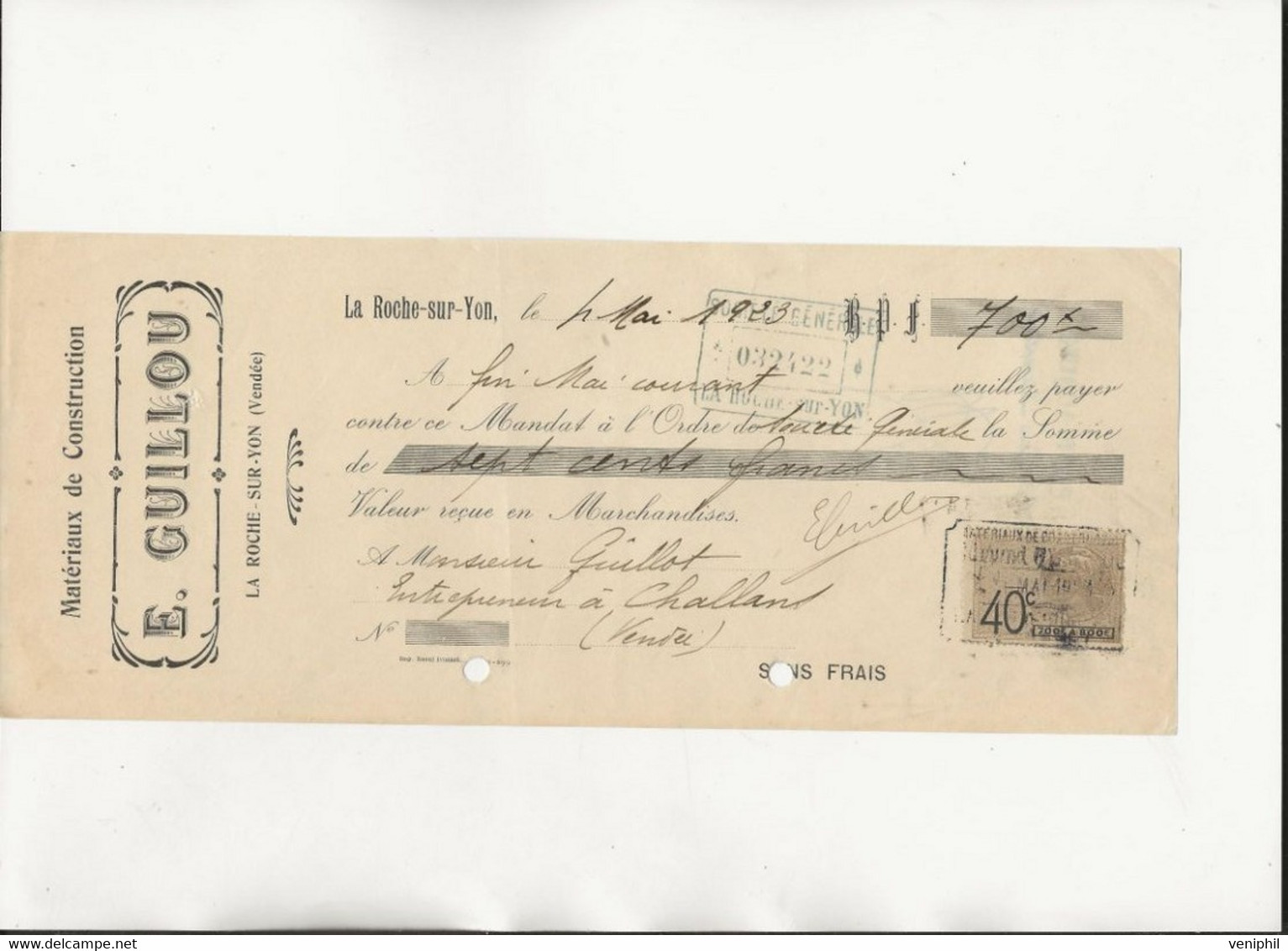 LETTRE DE CHANGE - MATERIAUX DE CONSTRUCTION -E. GUILLOU -LA ROCHE SUR YON -VENDEE -ANNEE 1923 - Bills Of Exchange