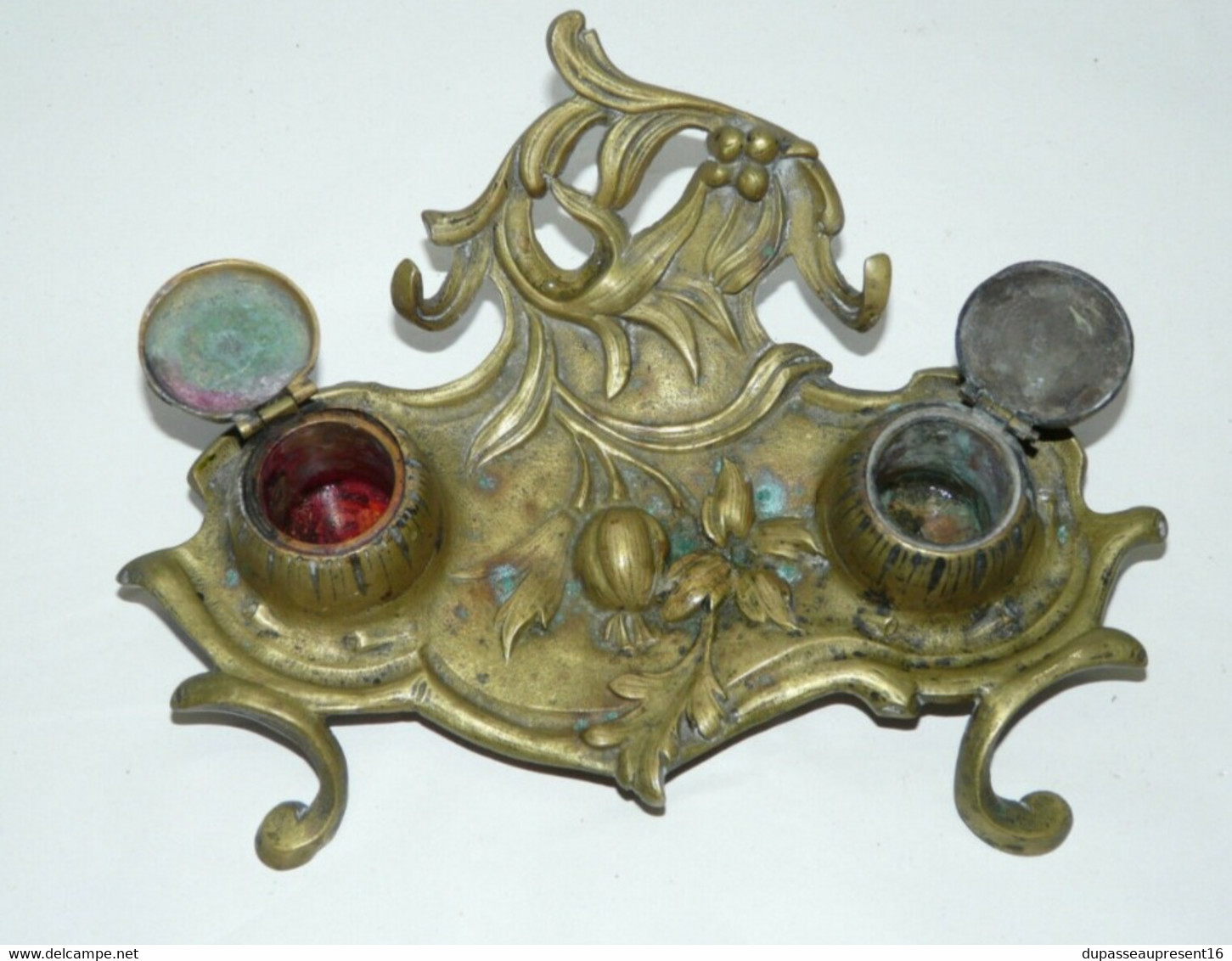 BEL ENCRIER Double En BRONZE PORTE PLUME DECOR FLORAL STYLE ART NOUVEAU Collection Déco Bureau Vitrine - Inkwells