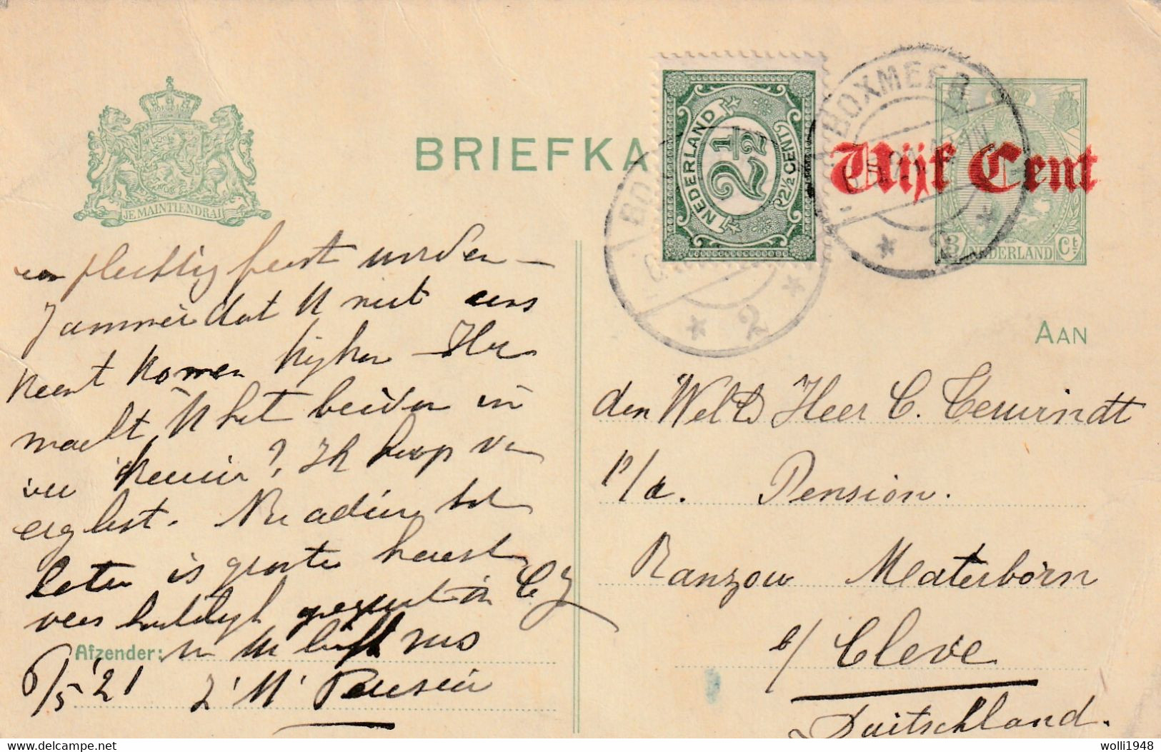 Postkarte Ganzsache Niederlande Boxmeer Vom 6.5.1921 - Usati