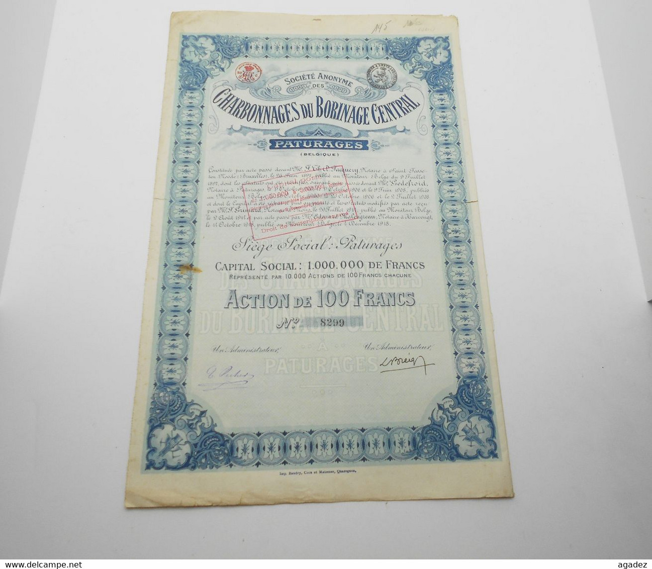 Action De 100 Francs  " Charbonnages Du Borinage Central " Paturages (Belgique) 1918 Avec Tous Les Coupons. N°8997 - Mineral