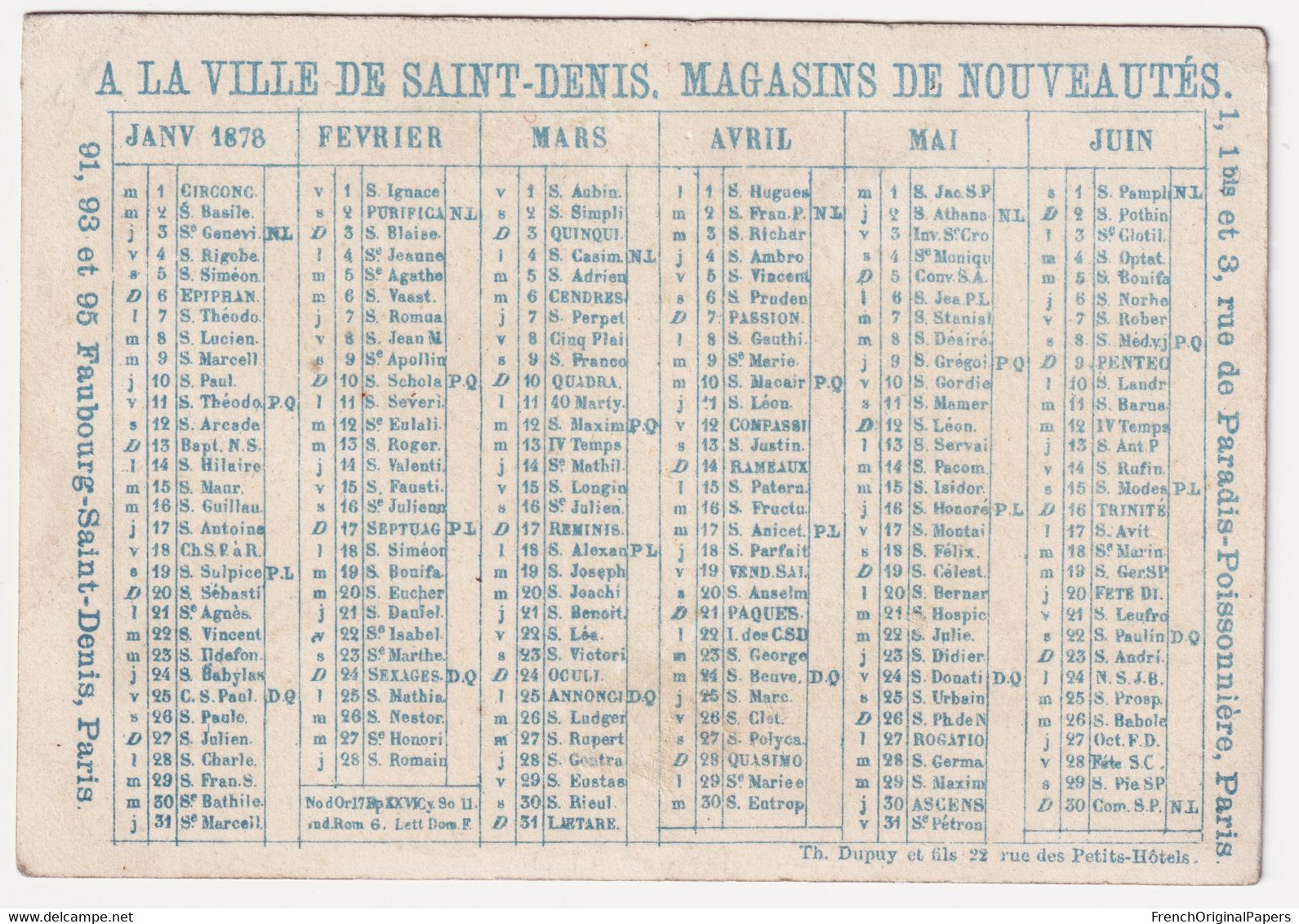 Chromo Calendrier 1878 Imp. Dupuy Paris Magasin Joueur De Cornemuse Musique Musicien Enfant Enfantina A52-66 - Sonstige & Ohne Zuordnung