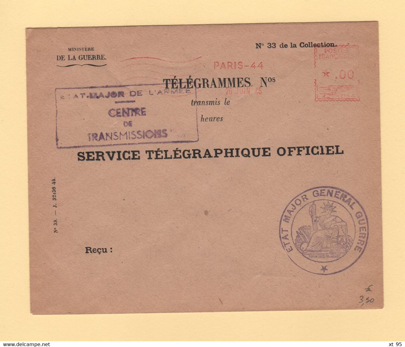 Etat Major General Guerre- Service Telegraphique - EMA Machine K - 26 Juin 1945 - WW II