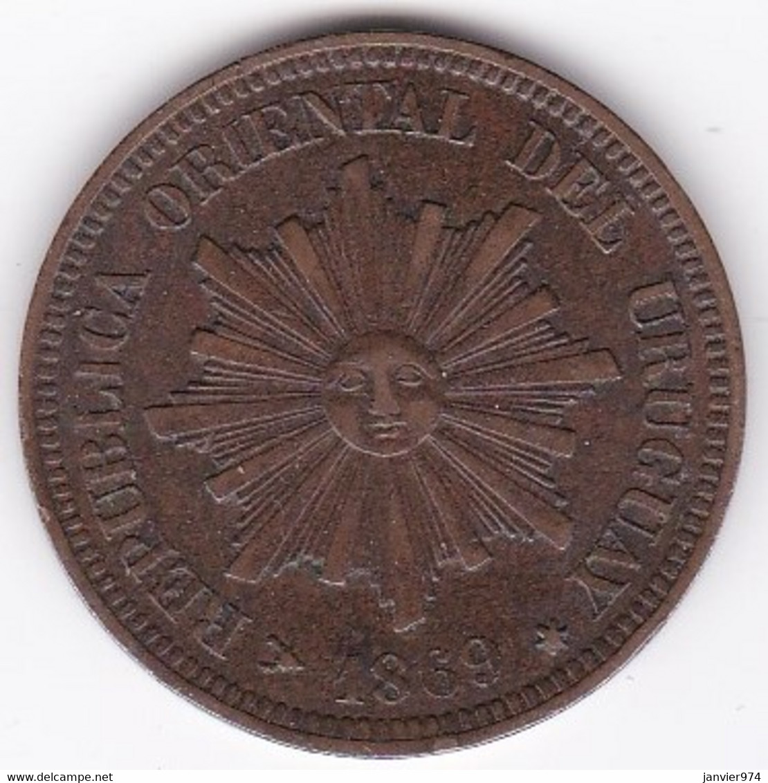 Republica Oriental Del Uruguay. 2 Centesimos 1869 H Heaton. KM# 12 - Uruguay