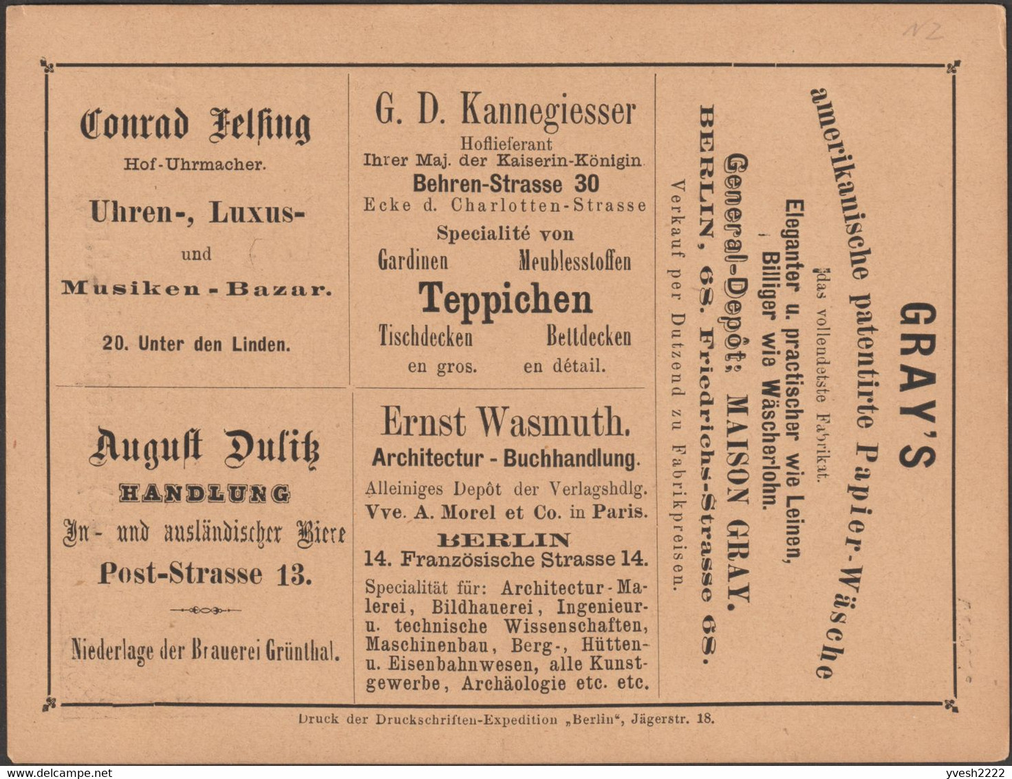 Berlin 1873. Poste Privée, Entier Postal Annonces. Bières Nationales Et étrangères Grünthal, Ingénieurs, Lits Textile - Bières