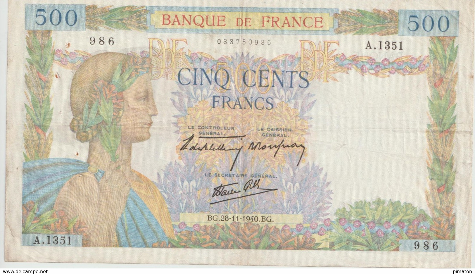 Billet De 500 Francs 28/11/1940 - 500 F 1888-1940 ''Bleu Et Rose''