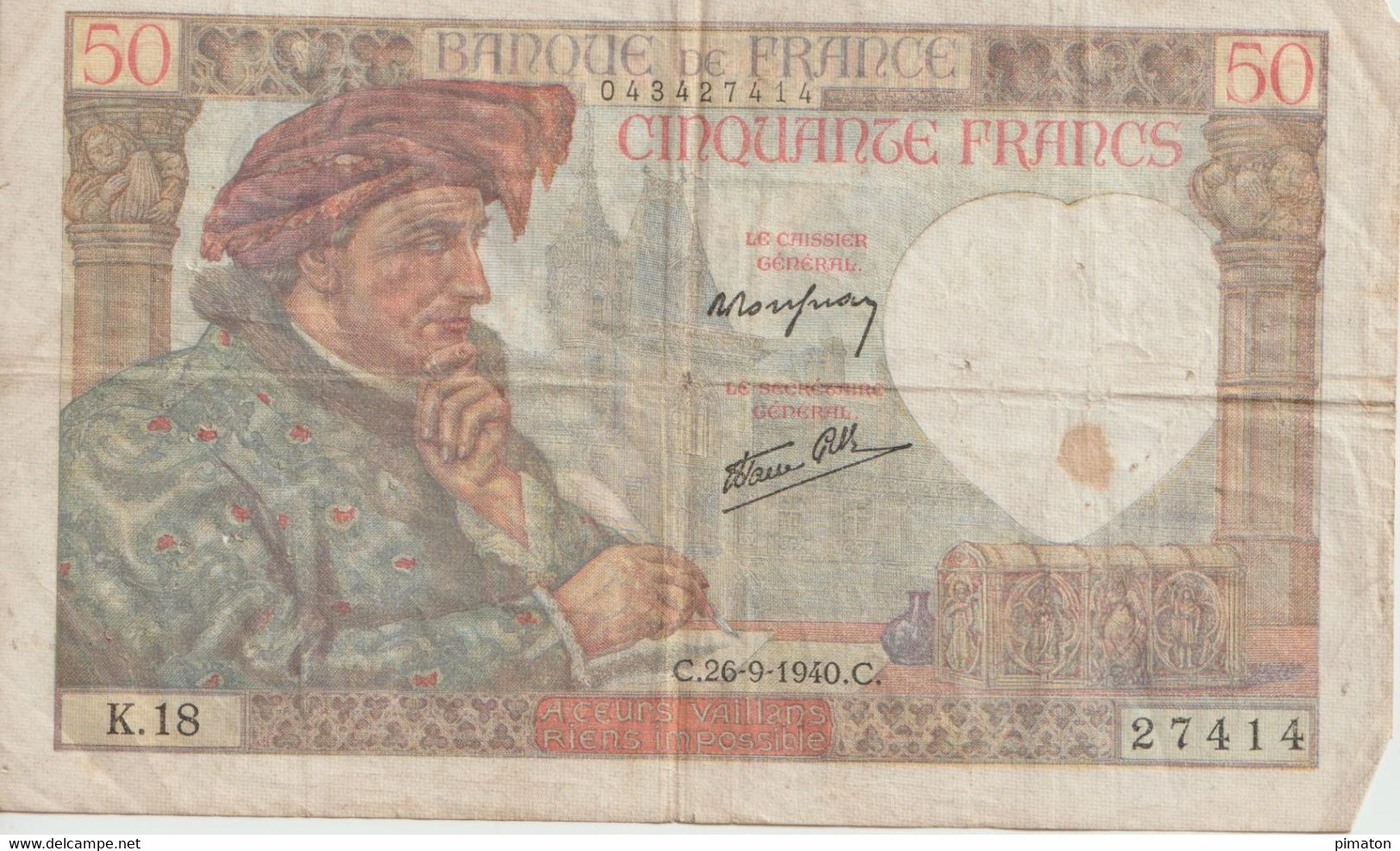 Billet De 50 Francs 20/09/1940 - 50 F 1940-1942 ''Jacques Coeur''