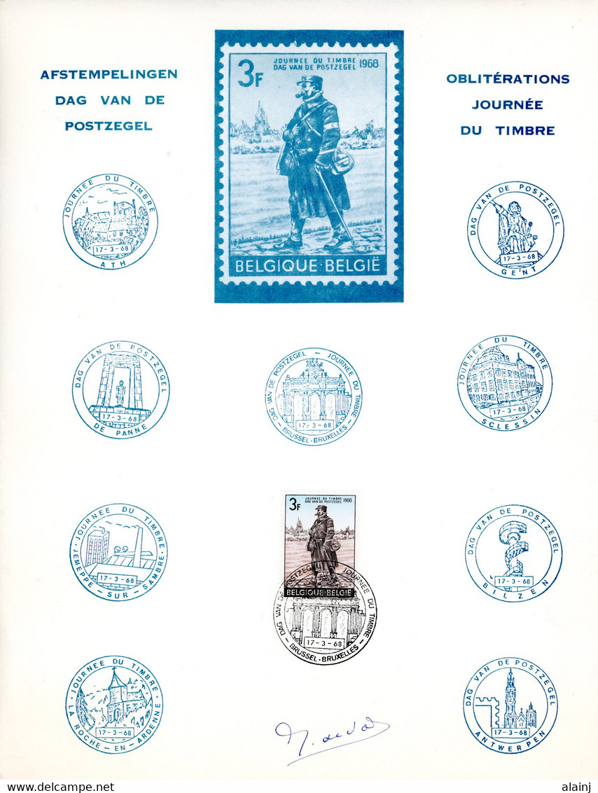 BE   1445   ---  Obl. 1er Jour  --  Journée Du Timbre  --  Feuille A4  --  Signé Et Oblitérations Provinciales - Briefe U. Dokumente