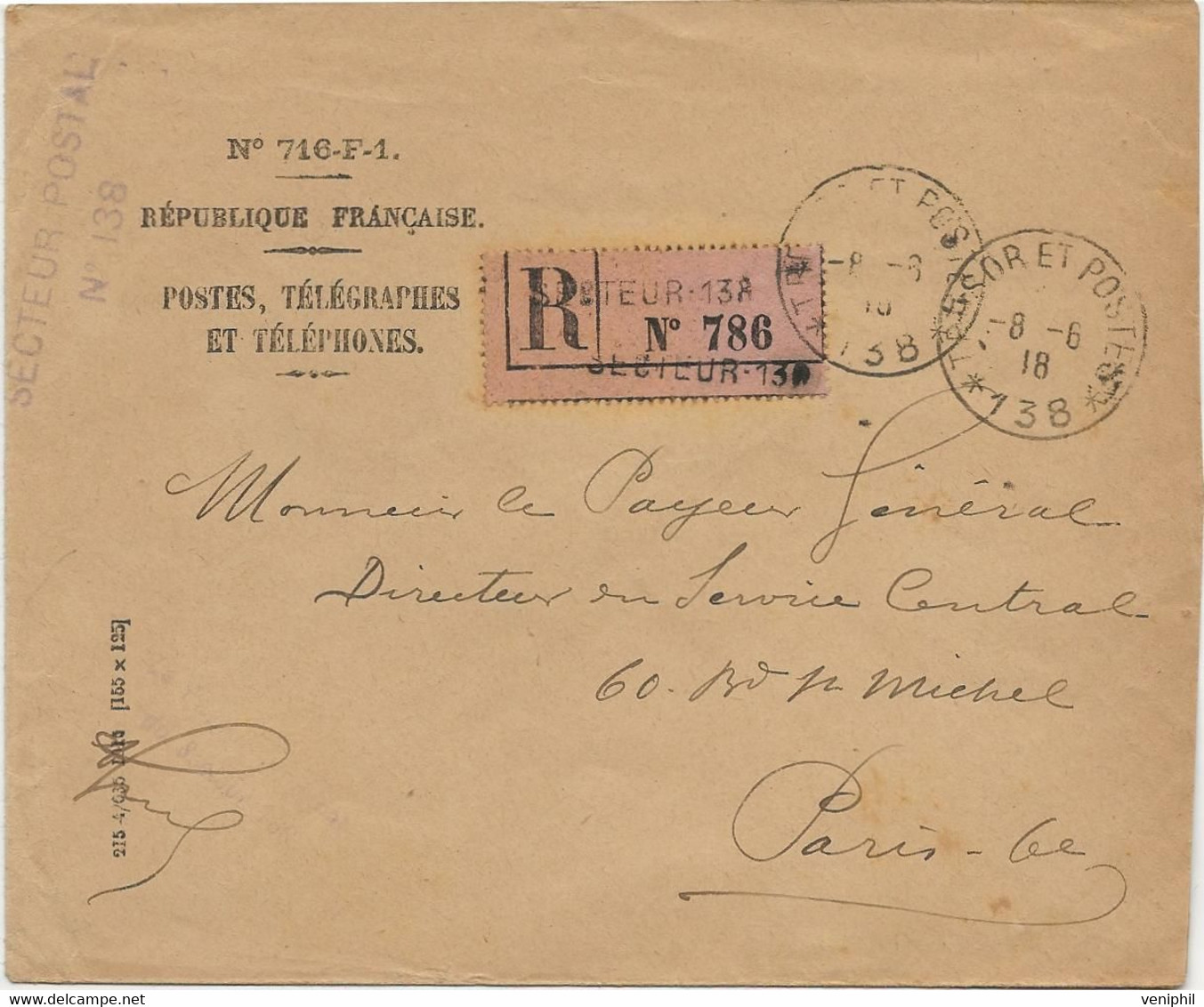 LETTRE RECOMMANDEE POSTES,TELEGRAPHE FRANCHISE MILITAIRE OBLITEREE CAD - TRESOR ET POSTES *138* ANNEE 1918 - - Briefe U. Dokumente