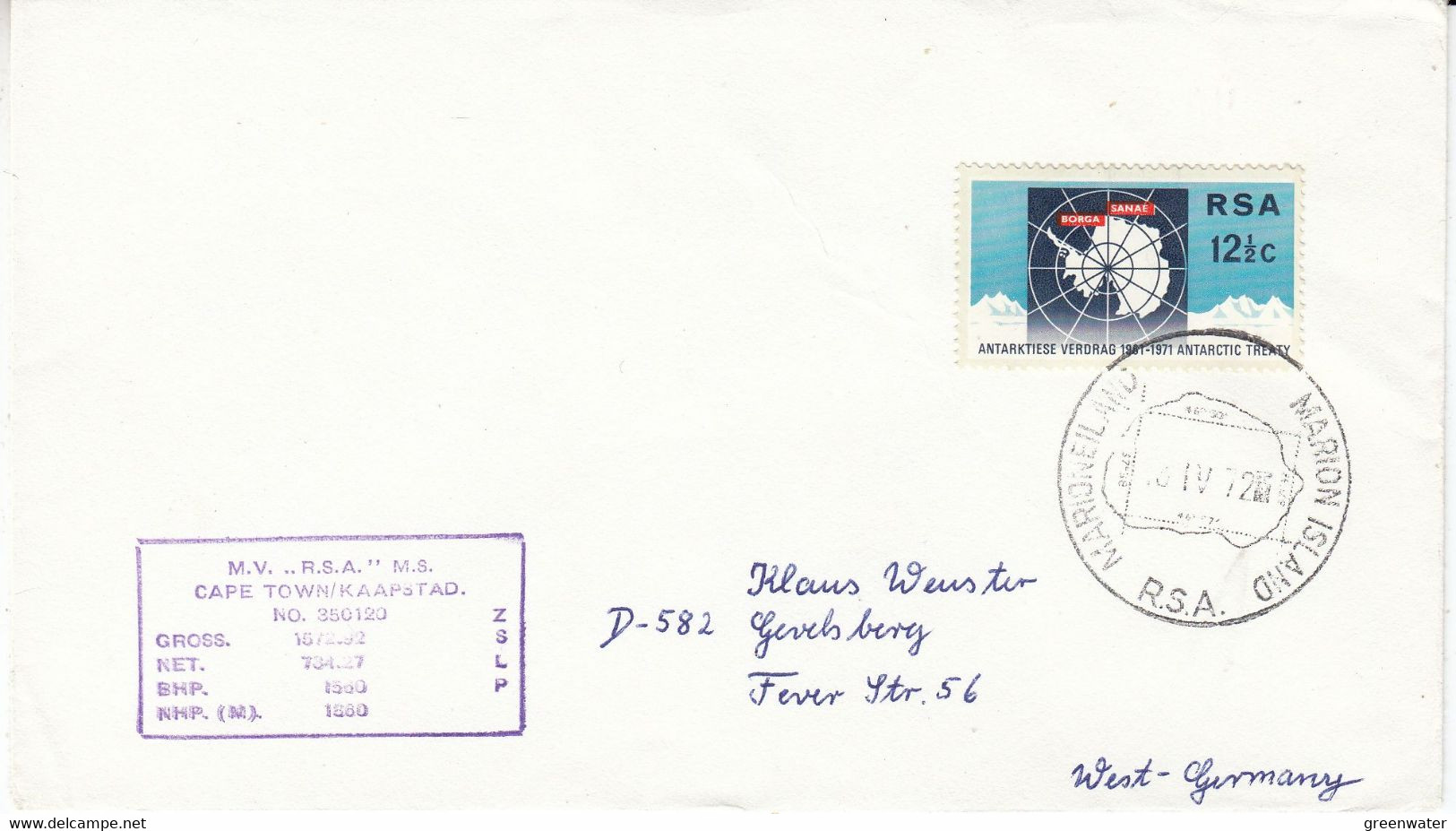 South Africa Marion Island 1972 Antarctic Treaty Ca  --/IV/72 Marion Ca MV R.S.A. (52875) - Antarktisvertrag