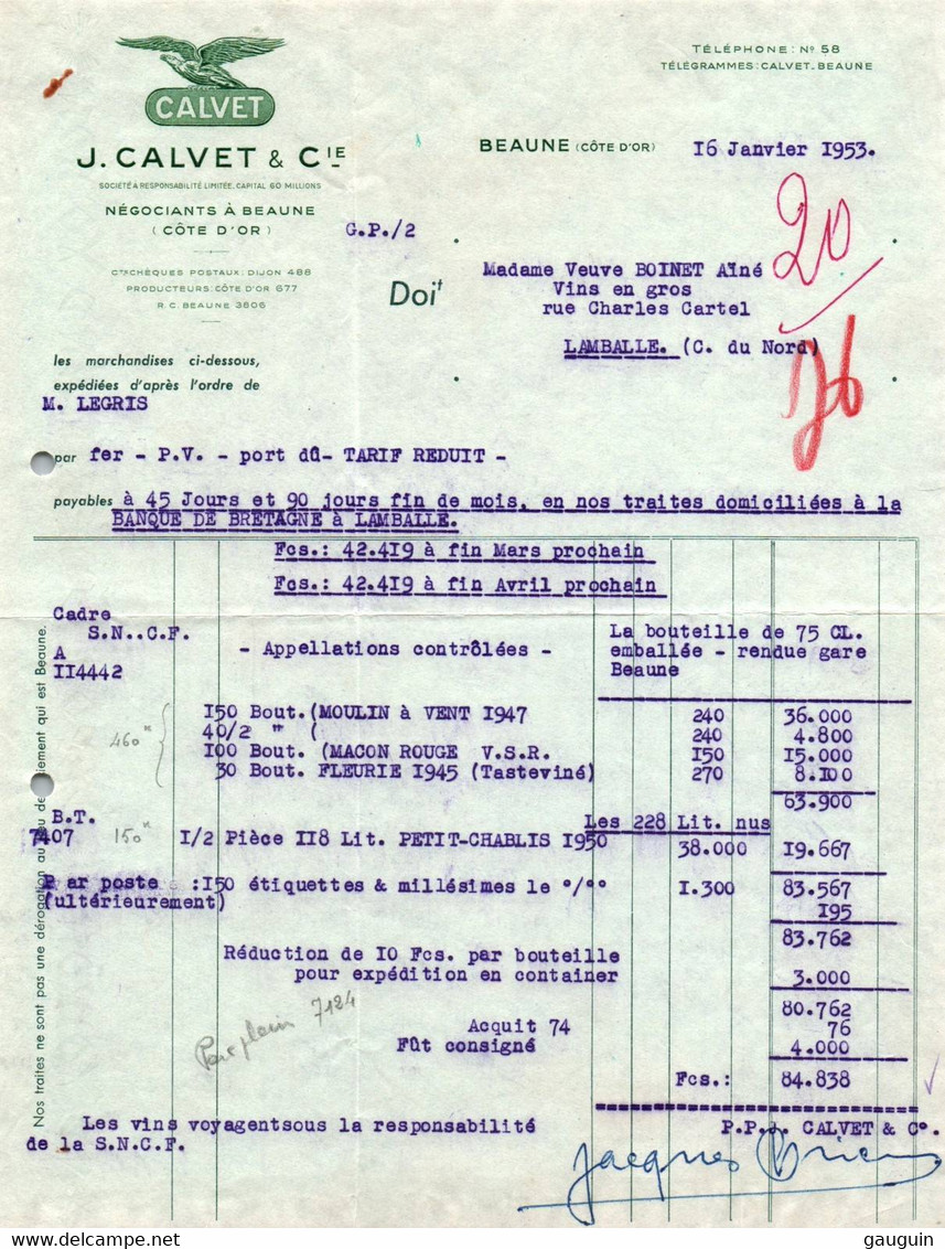 Facture - BEAUNE - Négociants En Vins … J.CALVET & Cie - 1953 - Rechnungen