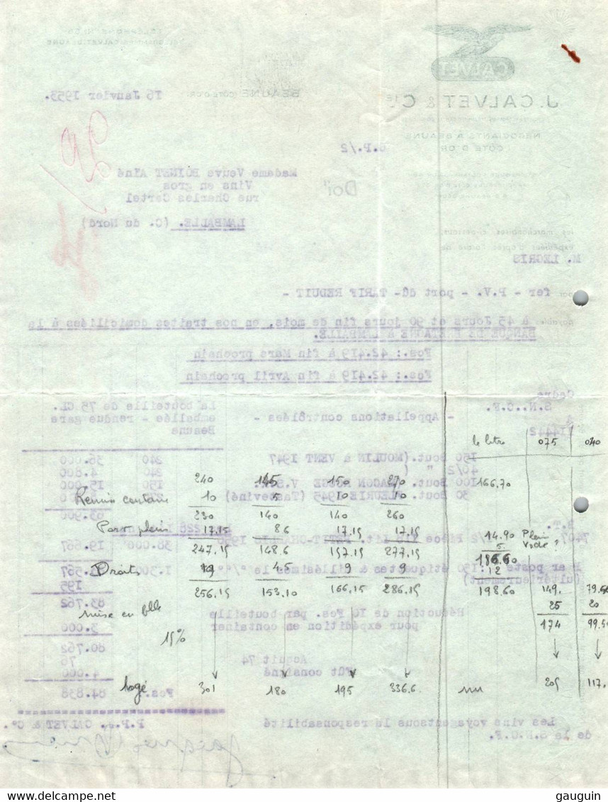 Facture - BEAUNE - Négociants En Vins … J.CALVET & Cie - 1953 - Rechnungen