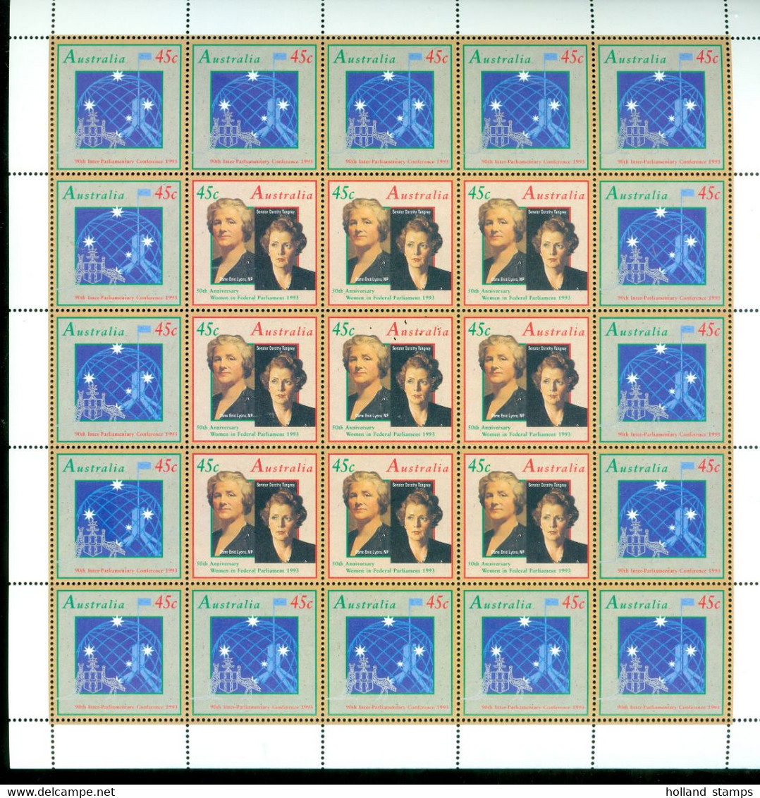 AUSTRALIA * 1993 50th ANNIVERSARY OF WOMEN IN PARLIAMENT PANE OF 25 MINT NH FULL SHEET POSTFRIS BLOK (20) - Fogli Completi