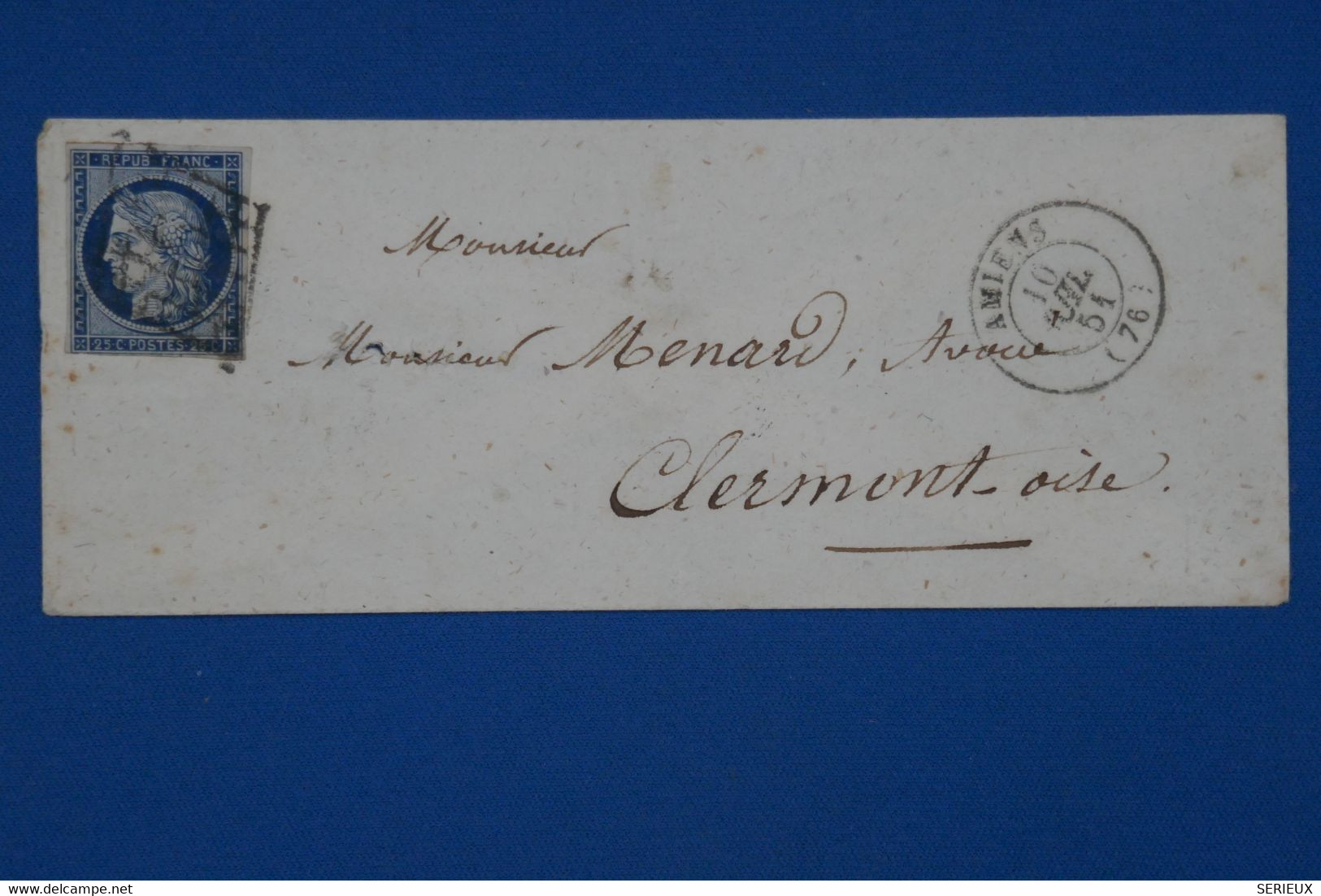 V10 FRANCE  BELLE LETTRE MIGNONETTE 1851 AMIENS  POUR  CLERMONT  + N 4  + AFFRANCH. INTERESSANT - 1849-1850 Cérès