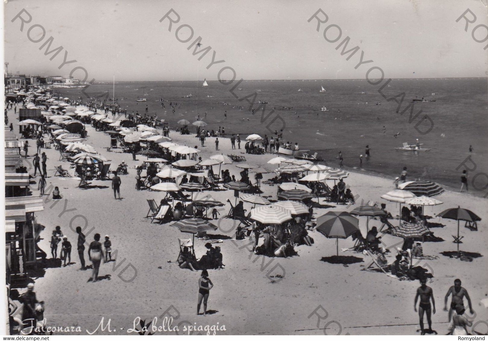 CARTOLINA  FALCONARA M.,ANCONA,MARCHE,LA BELLA SPIAGGIA,MARE,SOLE,BARCHE A VELA,ESTATE,VACANZA,VIAGGIATA,1957 - Ancona