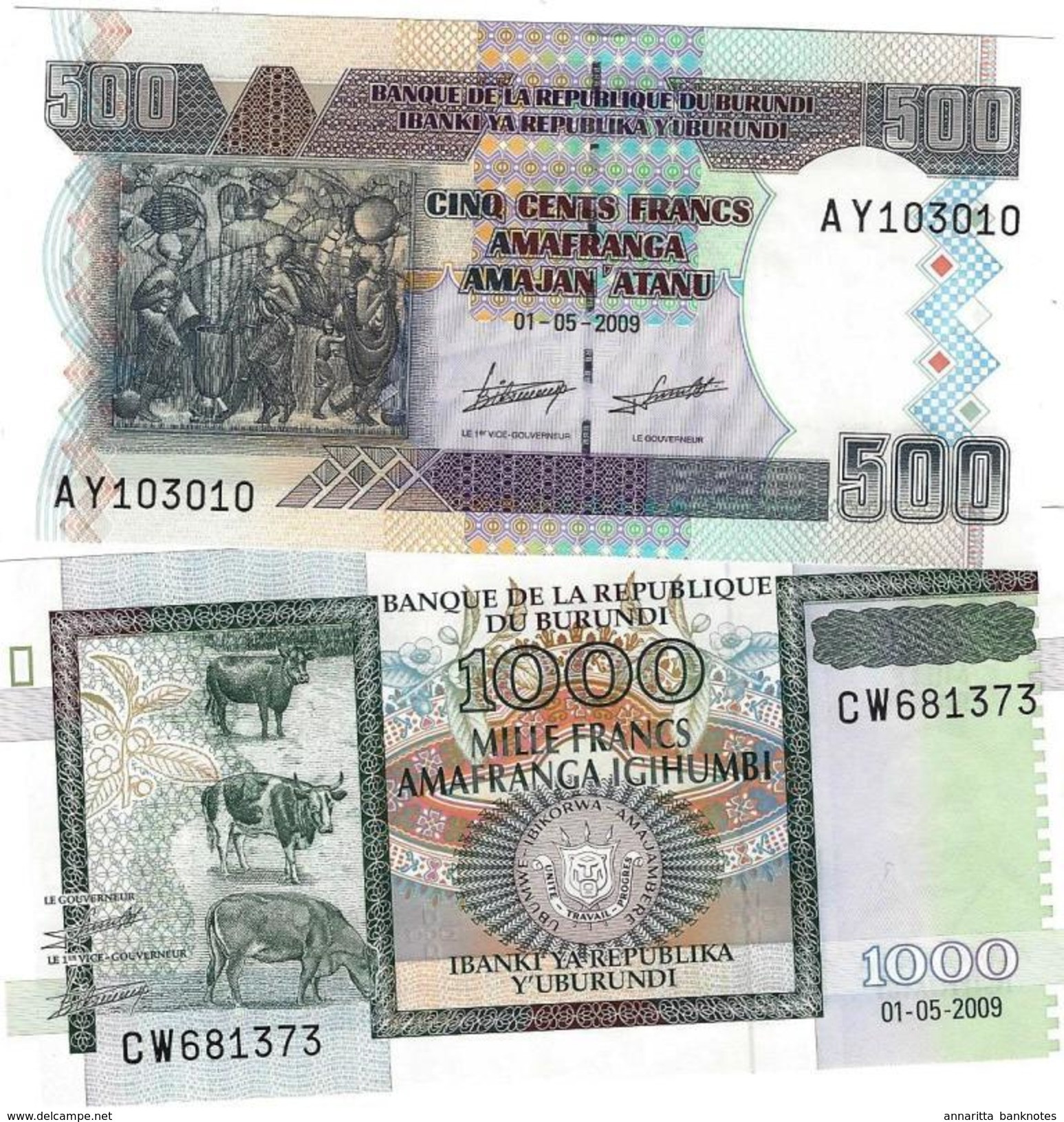 Burundi (BRB) 500 & 1000 Francs 2009 UNC 2 Pcs Cat No. P-45,46a / BI232,233a - Burundi