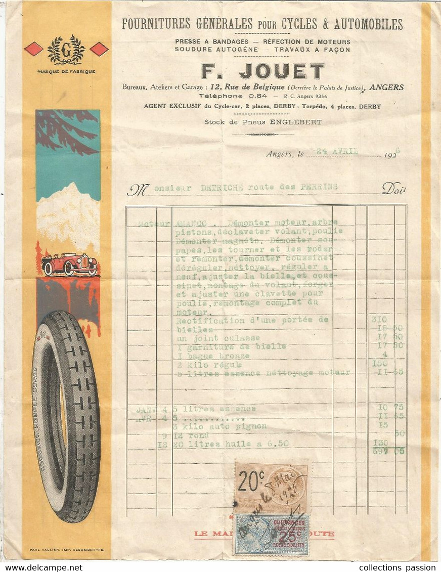 JCR , Facture ,fournitures Générales Pour Cycles & Automobiles,F. JOUET ,Angers, Cycle-car Derby, 1926 , Frais Fr 1.75 E - Automobile