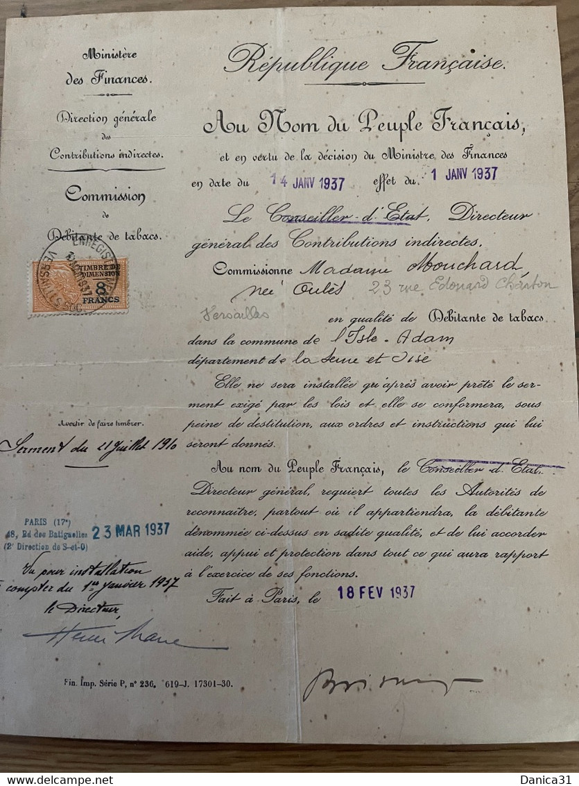 PARIS 1937/ COMMISSION DEBITANTE DE TABACS - Documents