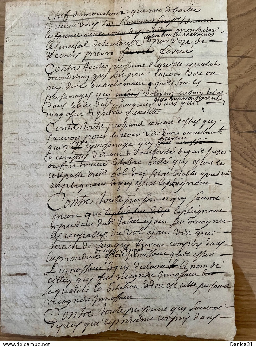 MONITOIRE POUR LE VOL DE TABAC A ST PORQUIER , PRISON DE LA SÉNECHAUSSEE TABAC VOLÉ 1721 - Documents