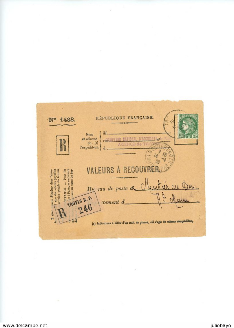 14 Avril 1939 Perfin CN Devant Valeur à Recouvrer De Troyes Pour Montier En Der ,ceres N°375 - 1921-1960: Moderne