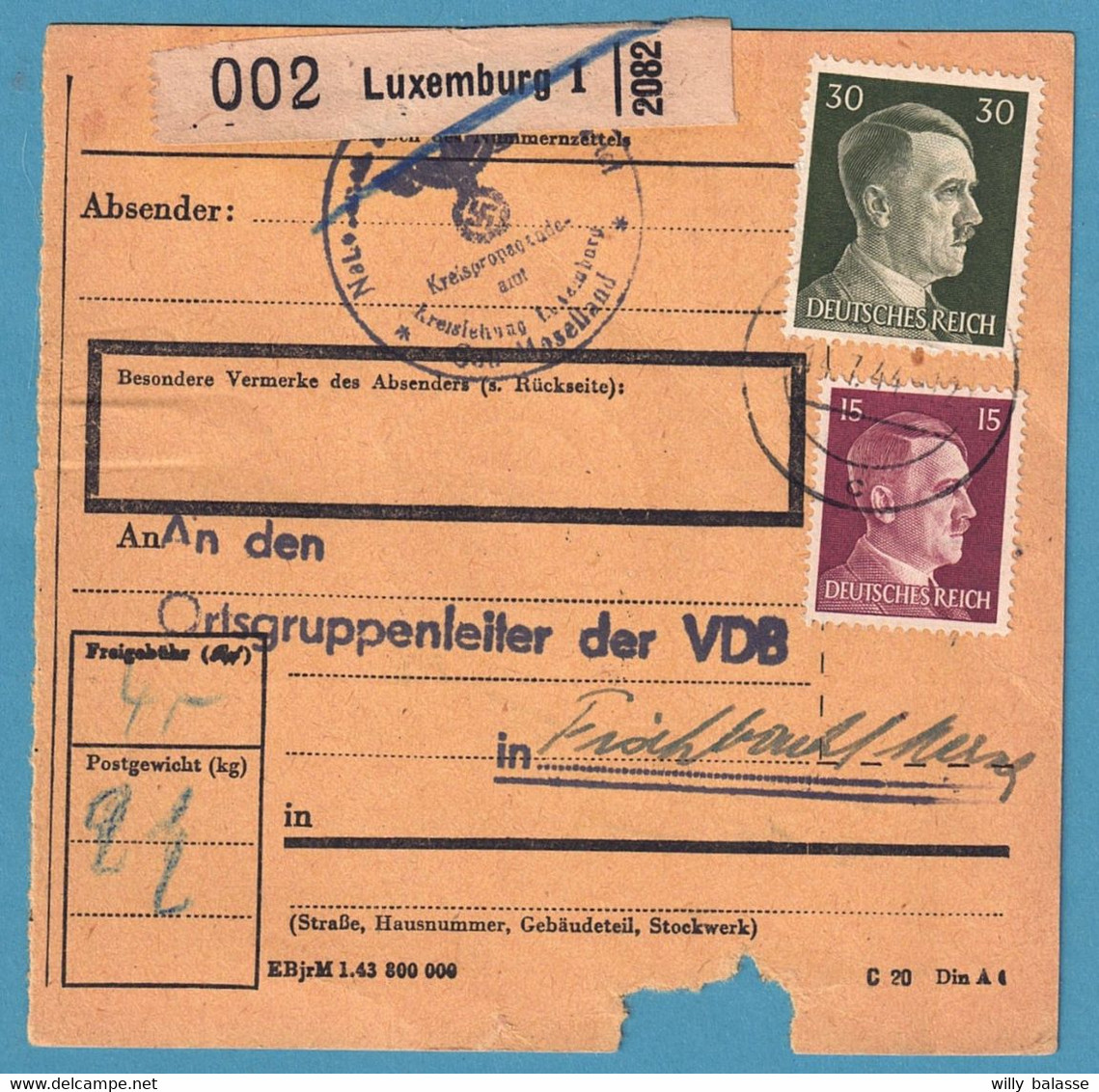 Reçu Affr 15 + 30 Pfg De MERSCH (MOSSELAND)/1944 + étiquette Et  Censure De Luxembourg - 1940-1944 Occupation Allemande