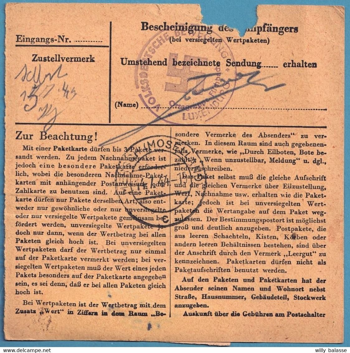 Reçu Affr 15 + 30 Pfg De MERSCH (MOSSELAND)/1944 + étiquette Et  Censure De Luxembourg - 1940-1944 Occupation Allemande