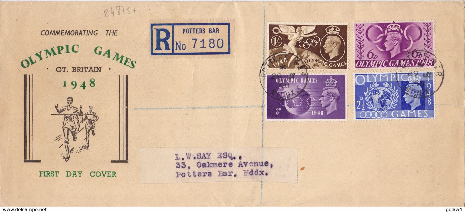 24875# COMMEMORATING OLYMPIC GAMES GREAT BRITAIN 1948 FDC LETTRE RECOMMANDEE Ob POTTERS BAR 29 July 1948 JEUX OLYMPIQUES - Sommer 1948: London