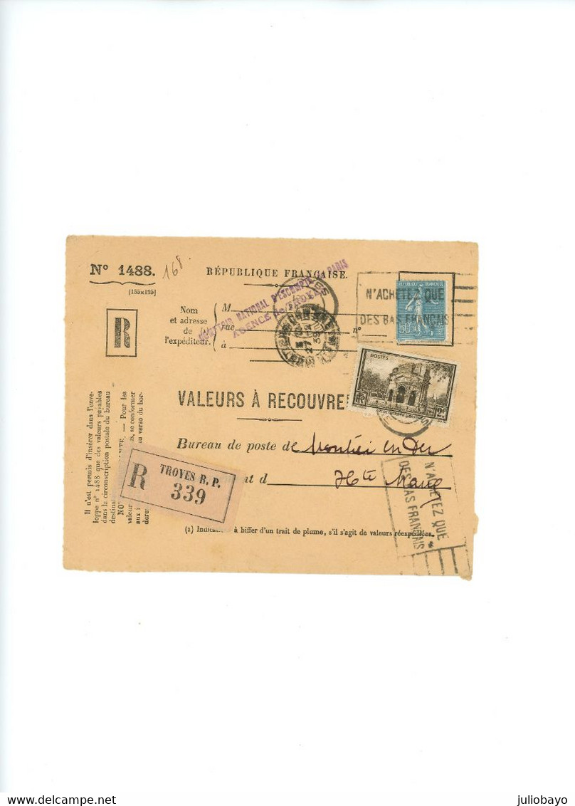 1939 Perfin CN , Y.T. N°389 Et 362 Sur Devant Valeur à Recouvrer De Troyes Vers Montier En Der - 1921-1960: Modern Period