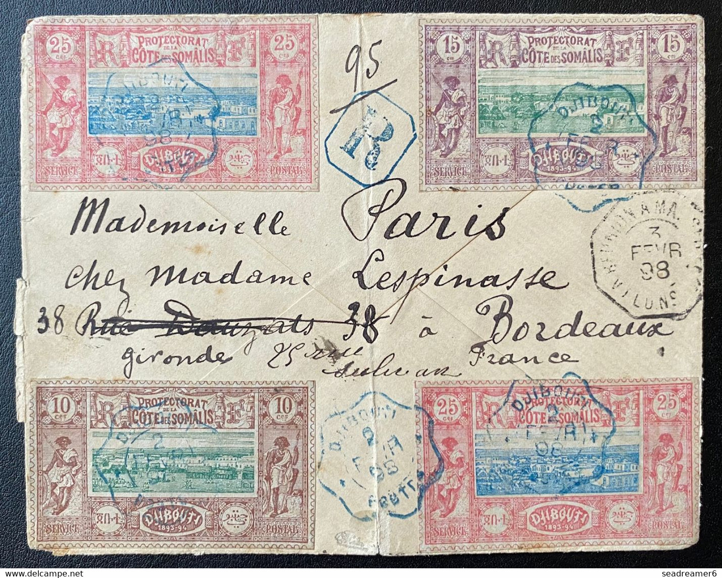 France Colonies Cotes Des Somalies Lettre Recommandée De Djibouti Avec N° 10, 11 Et 12 X2 Pour Bordeaux RR Signé Calves - Covers & Documents