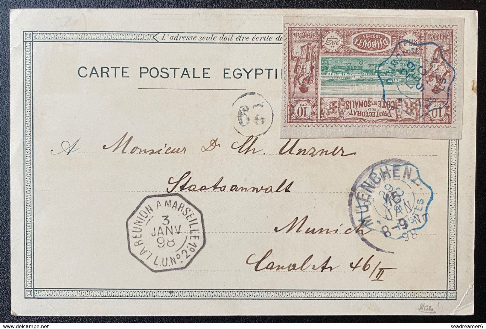 France Colonies Cotes Des Somalies Carte Postale 1898 De Port Said Avec N° 10 Pour Munich Obl Djibouti SUP Signé Calves - Covers & Documents