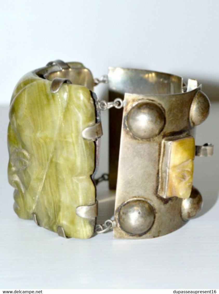 SUPERBE ANCIEN BRACELET MANCHETTE ARGENT 925e SILVER MEXICO Et PIERRE ONYX XXe COLLECTION VITRINE - Armbänder