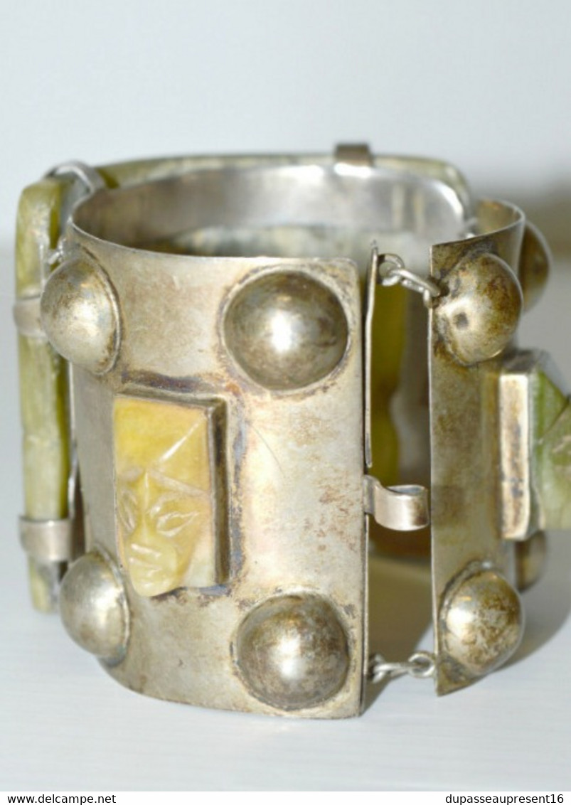 SUPERBE ANCIEN BRACELET MANCHETTE ARGENT 925e SILVER MEXICO Et PIERRE ONYX XXe COLLECTION VITRINE - Armbänder