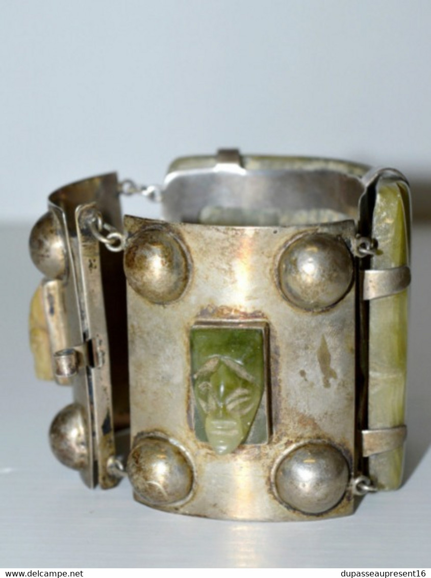 SUPERBE ANCIEN BRACELET MANCHETTE ARGENT 925e SILVER MEXICO et PIERRE ONYX XXe COLLECTION VITRINE