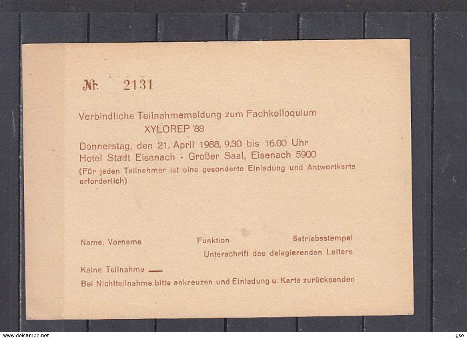 GERMANIA  Rep. Democratica   1988 .  Xylorep'88  - Postkarte - Private Postcards - Mint