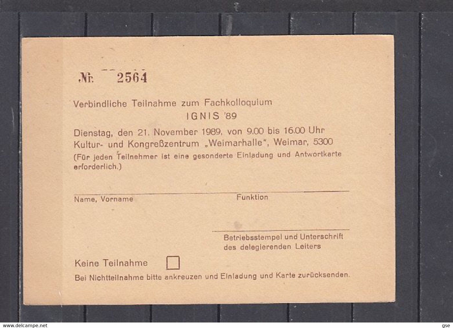 GERMANIA  Rep. Democratica   1989 .  IGNIS '89  - Postkarte - Private Postcards - Mint
